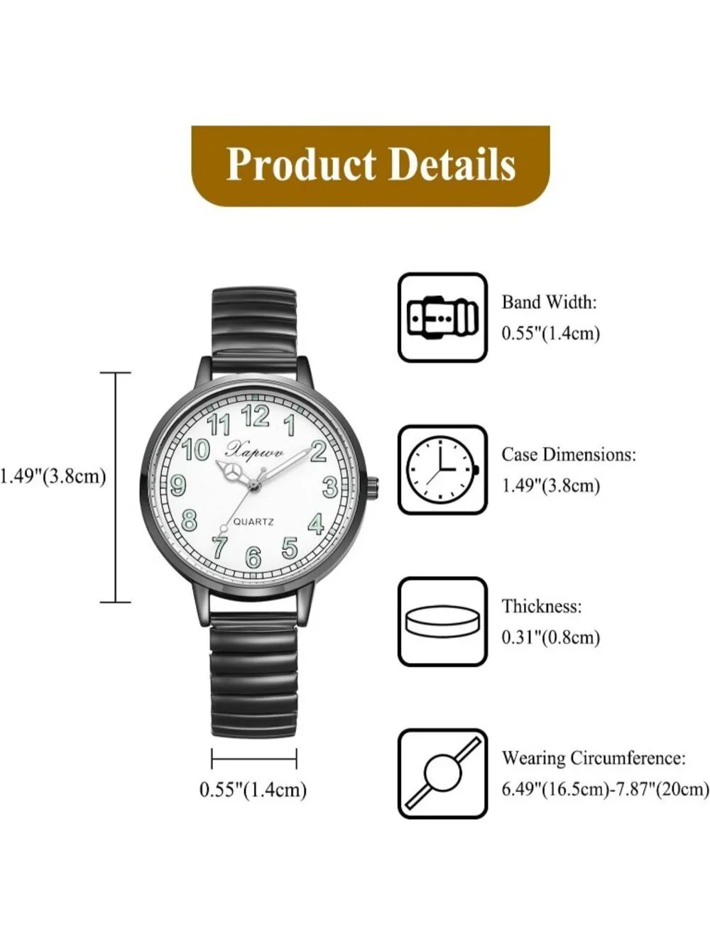 Women's Black Analog Quartz Luminous Dial Easy Reader Stretch Band Wrist Watch